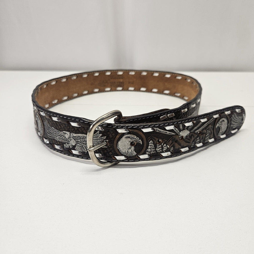 Datoka Full Grain Cowhide Sz 32 Black Leather Belt Painted Embossed Eagles USA