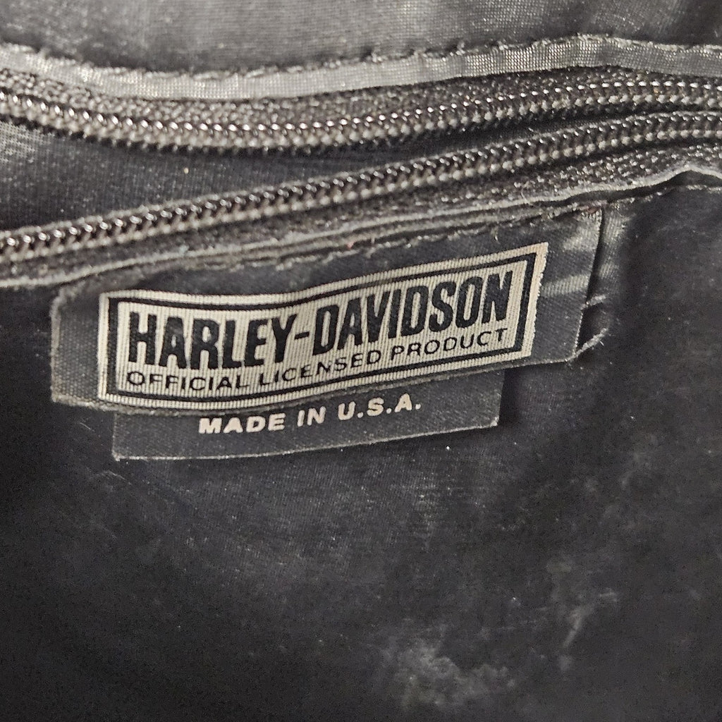Y2K Women's Black Leather Drawstring Harley-Davidson Purse Rhinestones Studs