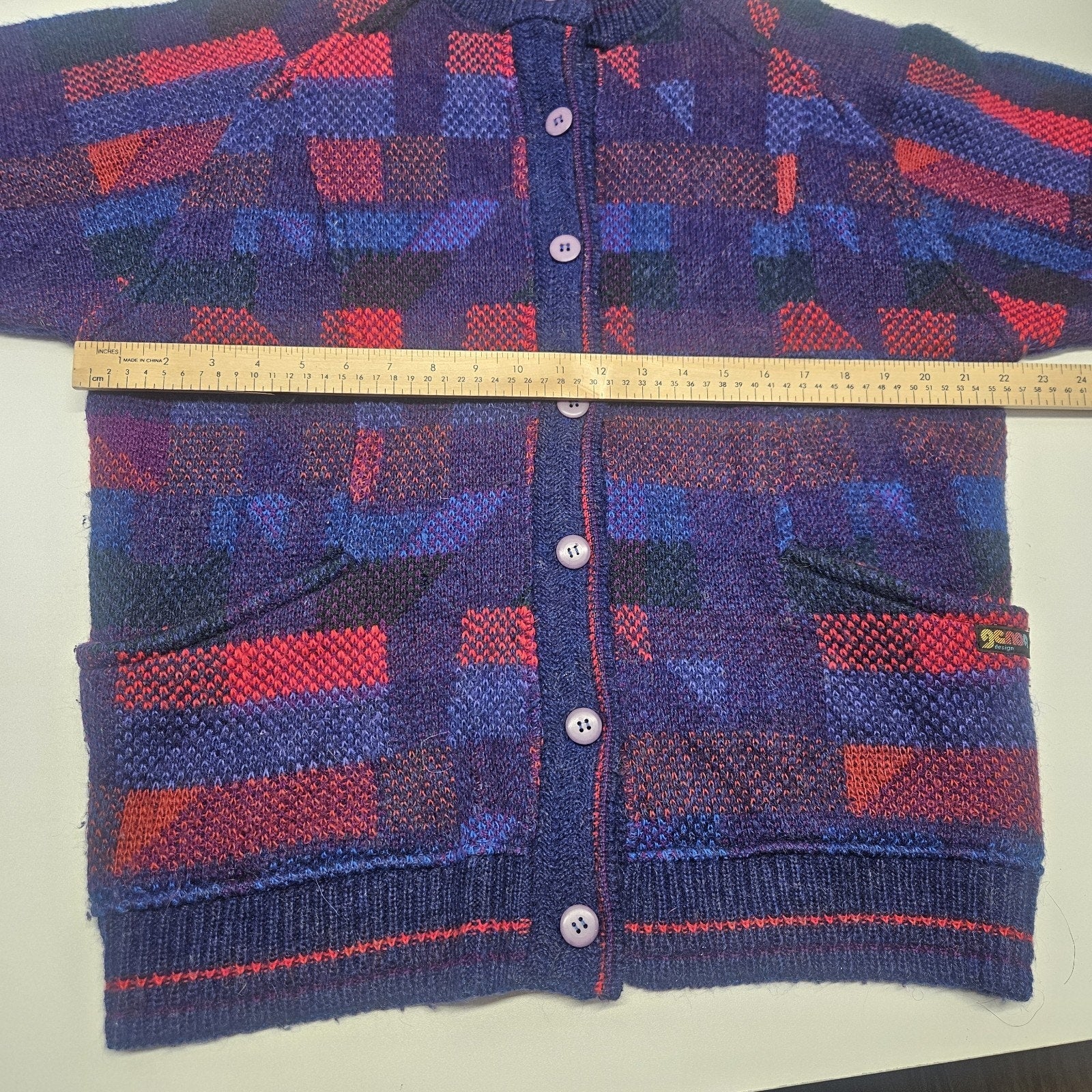 Vtg 80s Womens Crowneck Long Cardigan Sweater Geometric Knit Wool Mohair XL