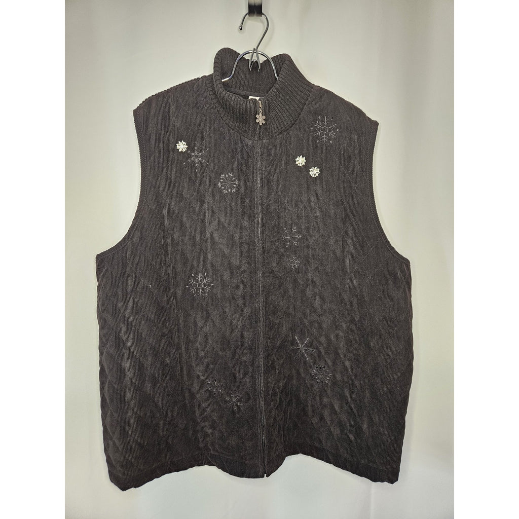 Alfred Dunner Women's Corduroy Snowflake Design Vest Full Zip Black Size 22W