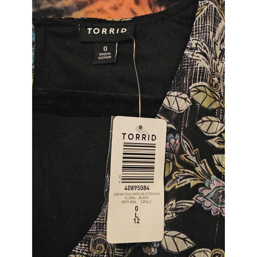 Torrid Mini Chiffon Tiered Dress Black Floral w/Gold Threads Sz 0 Lg 14 Pockets
