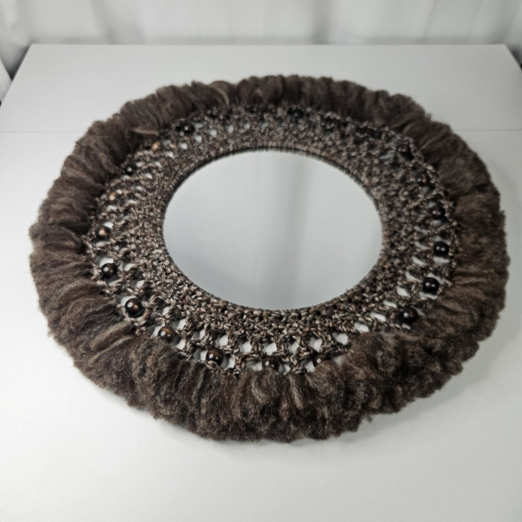 Vintage Large Macrame Wood Beaded Hanging Mirror 22" Boho Chic 70s Inspired