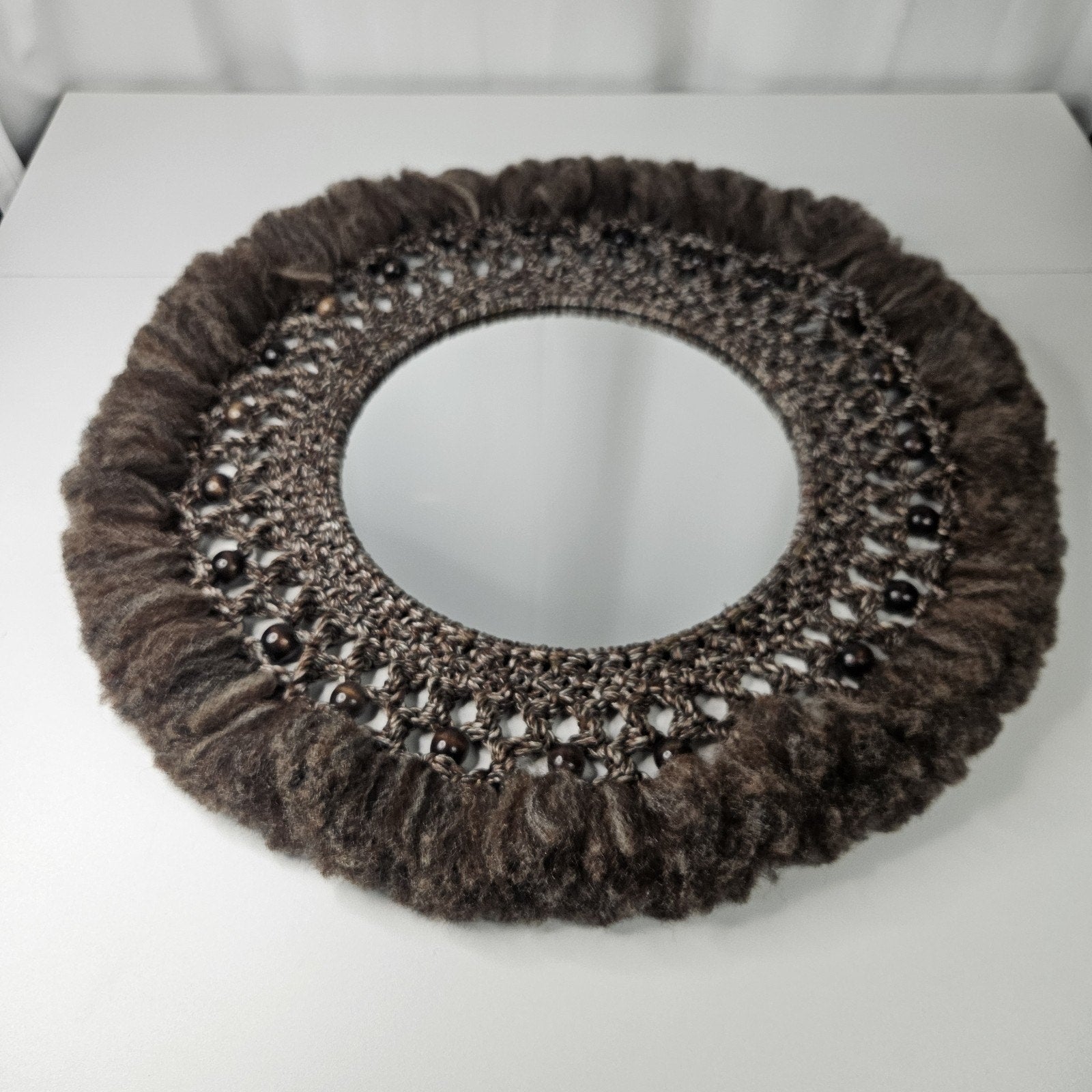 Vintage Large Macrame Wood Beaded Hanging Mirror 22" Boho Chic 70s Inspired