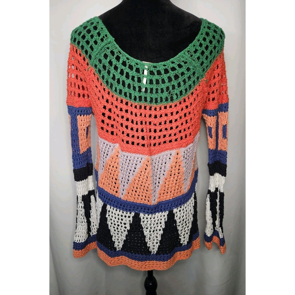 FREE PEOPLE Modern Art Geo Knit Sweater in Multi Combo Open Knit Size Small
