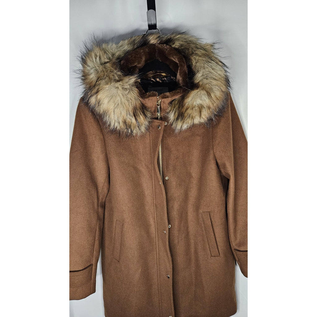 Nine West Hooded Faux Fur Trim Wool Blend Peacoat Size XL Brown Long Jacket