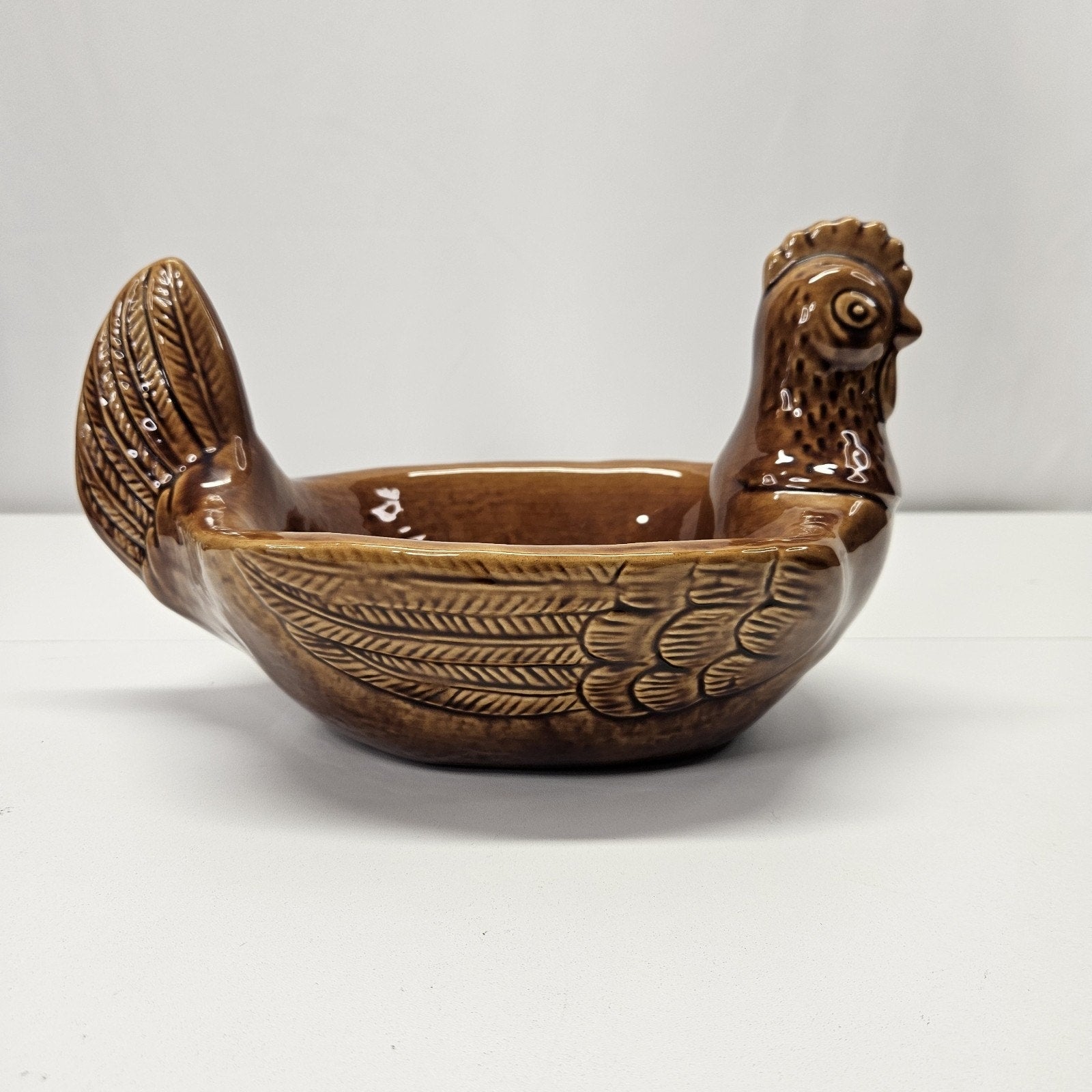 Vintage Brown Ceramic Glazed Chicken Serving Dish Turine Retro Country Kitchen