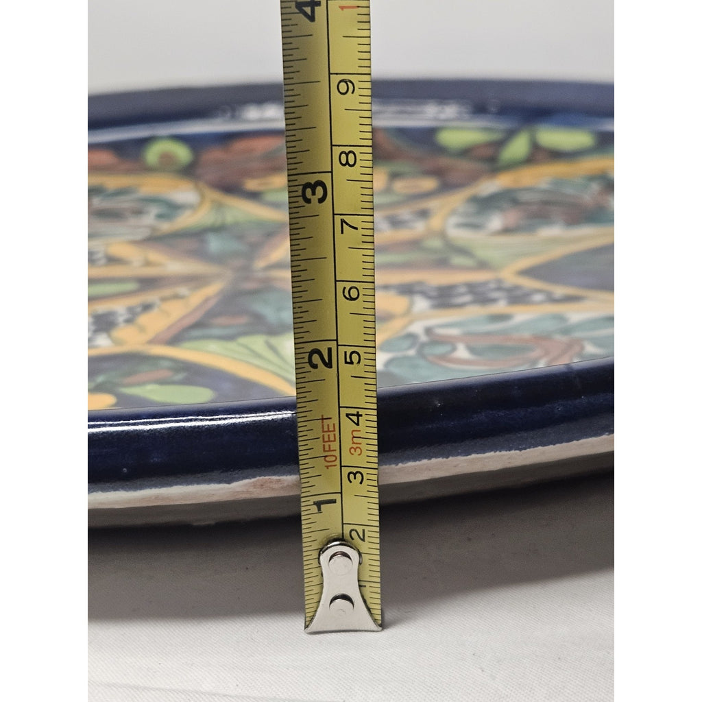 Vintage Mexican Folk Art Pottery Hand Painted Wall Hanging Plate 18.5" Round