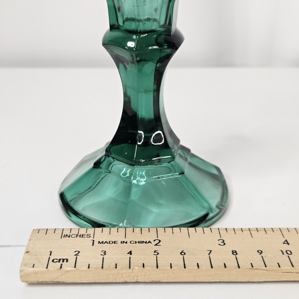 Vintage Indiana Glass Green Candlestick Holders 4.25" Pair Mid-Century Holiday