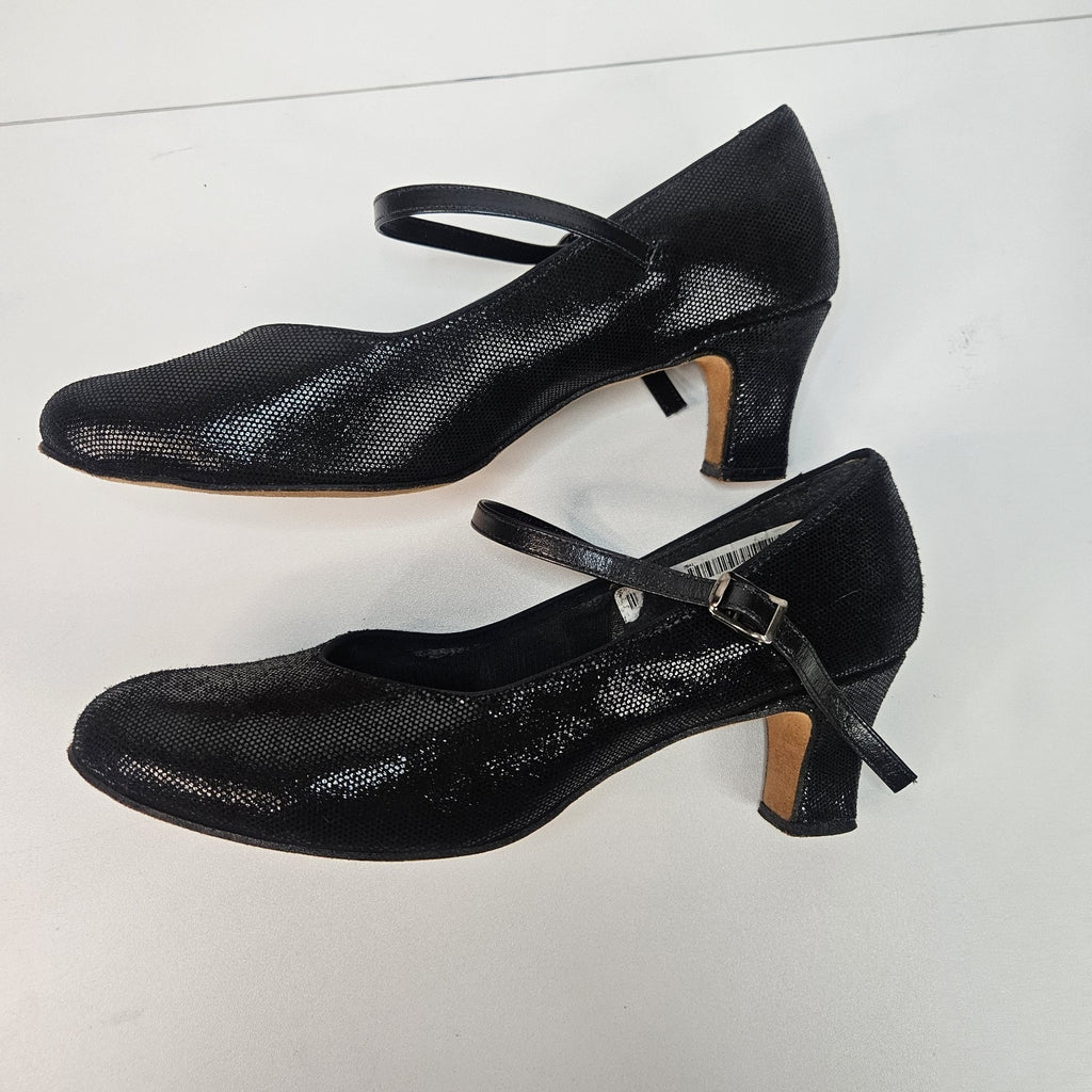 Vintage 90s Black Leather Glitter Mary Jane Round Toe Formal Dress Shoe 10.5 W