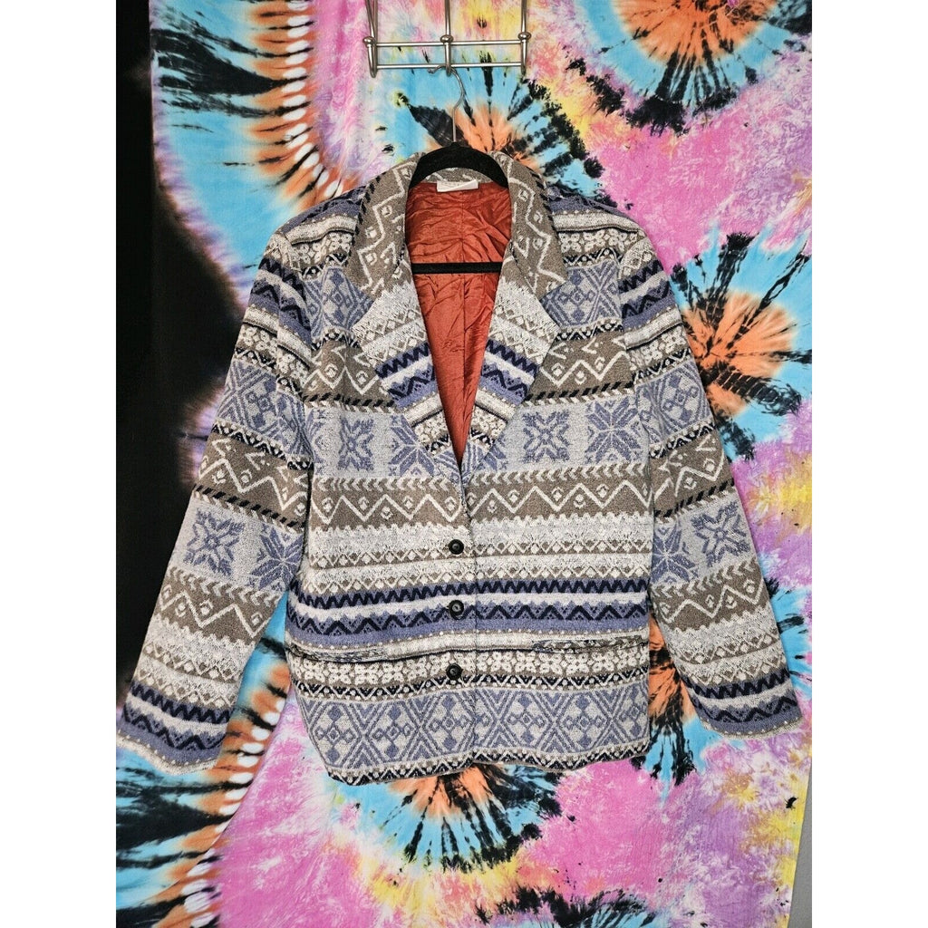 Vtg Van Heusen For Her 90s FAIR ISLE JACKET BLAZER Oversized Ikat Pockets Large