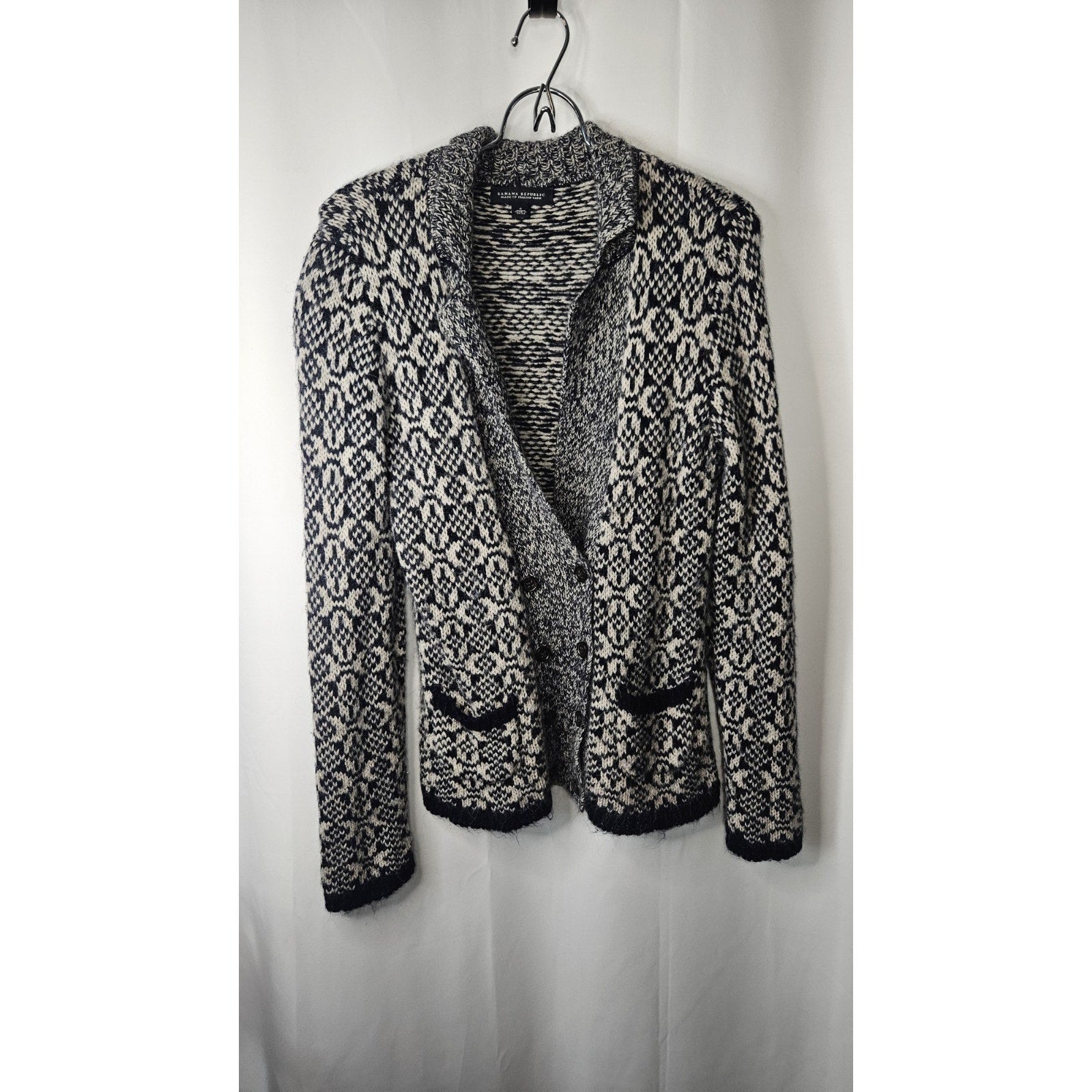 Banana Republic Navy & White Fair Isle Alpaca Blend Cardigan Sweater Size Small