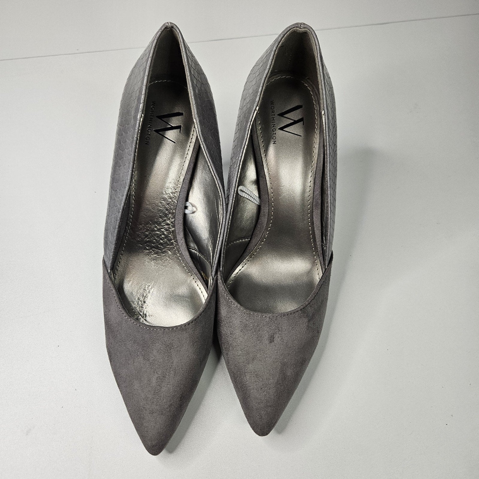 Worthington Women's Gray Suede High Heels Pumps Shoes Size 8.5 Faux Snakeskin