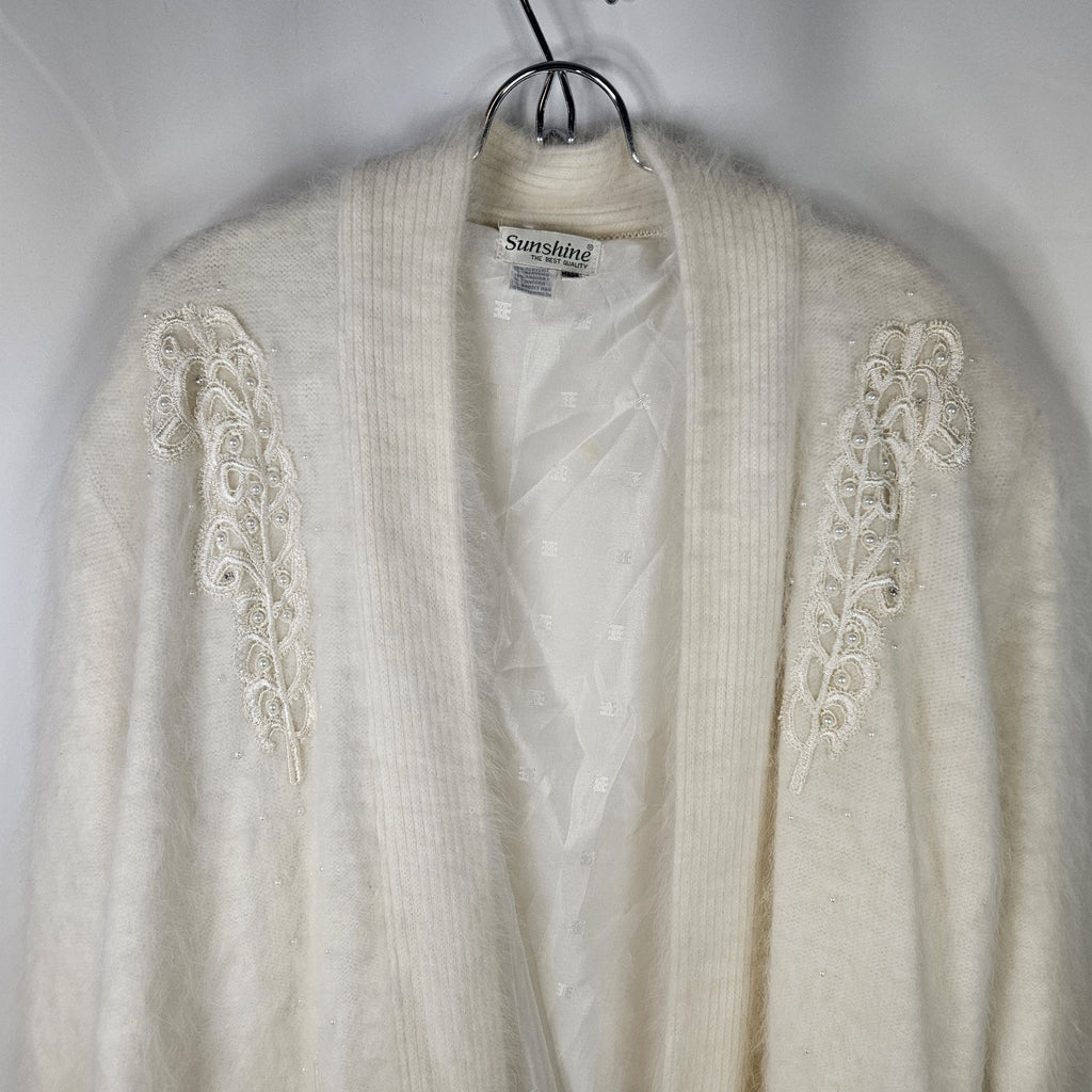 Vintage 80's Angora Rabbit Coat Floral Beaded Cardigan Large Soft Cottage Artsy