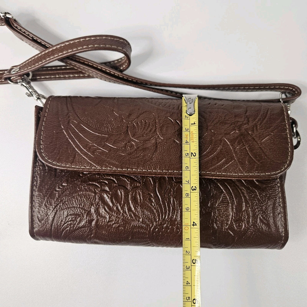 Floral Embossed Envelope Crossbody Wristlet Bag Brown Faux-Leather Western Purse