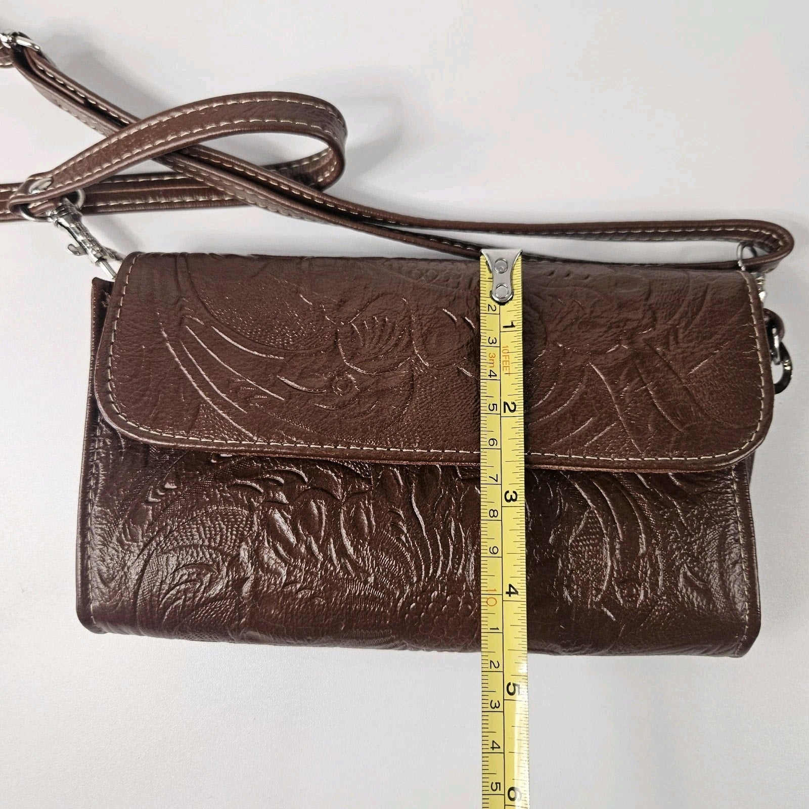 Floral Embossed Envelope Crossbody Wristlet Bag Brown Faux-Leather Western Purse