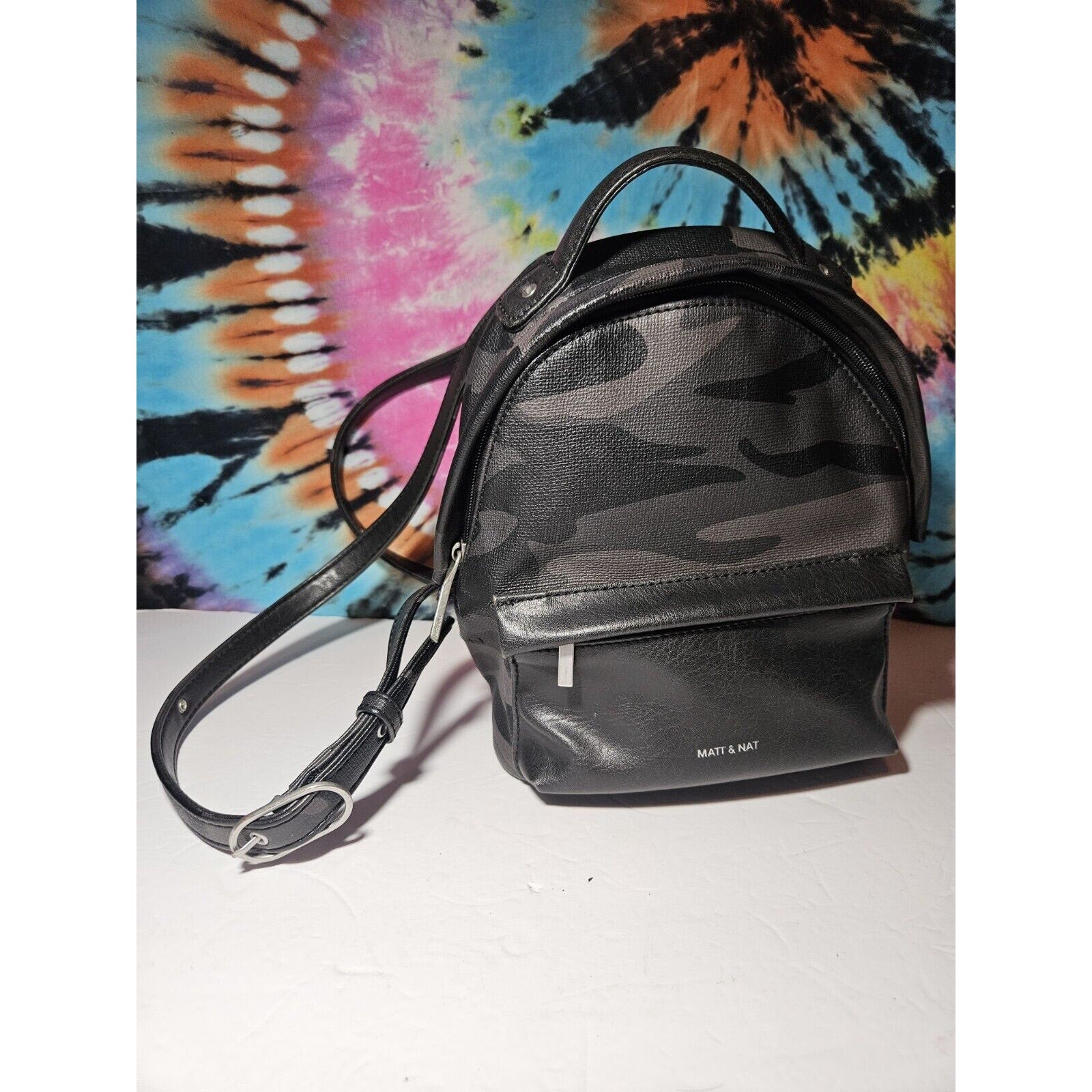 MATT AND NAT Bali Mini Vegan Leather Black Camo Small Backpack