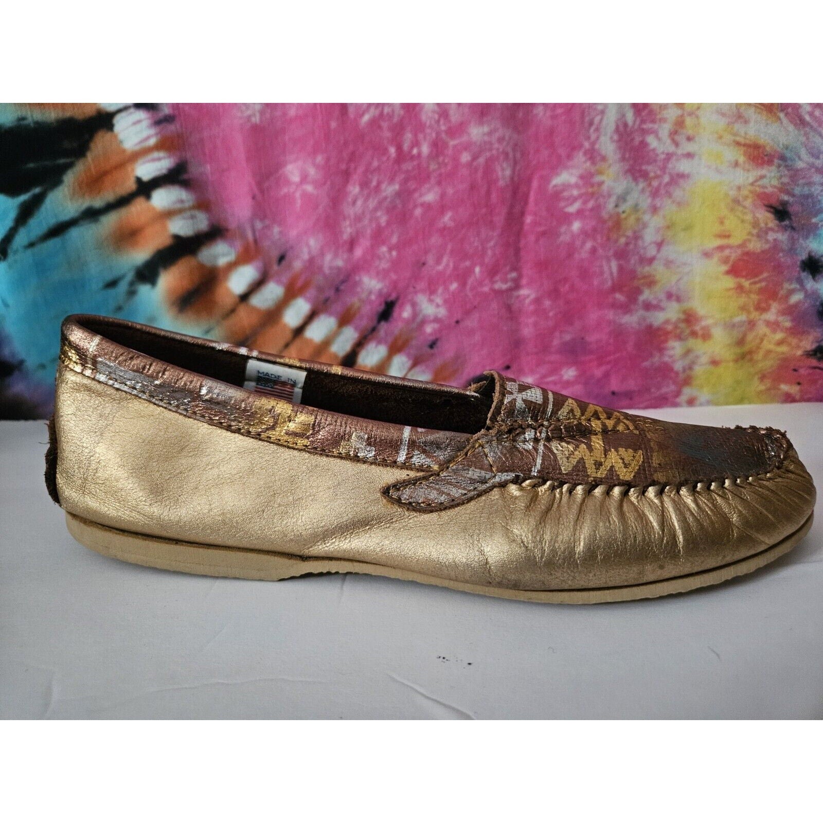 Vintage 90s Gold Flat Slide On Slippers- Moccasin Style- Flats Size 11 XL