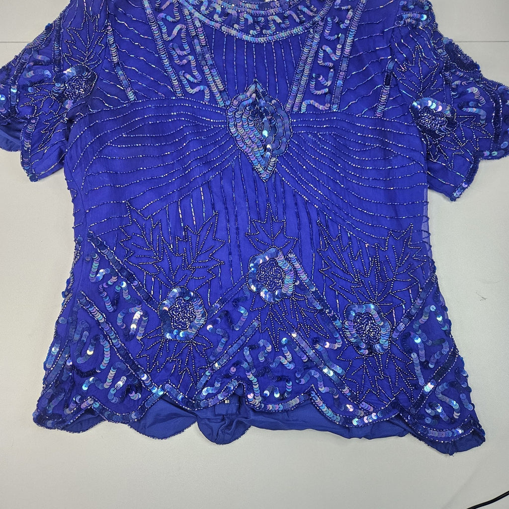 Sequin Beaded Silk Top 90s Vintage Royal Blue Blouse Gatsby Glam Party Large