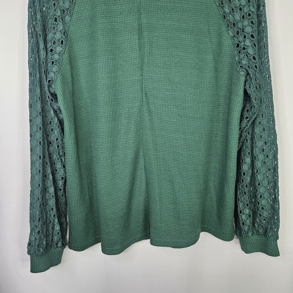 IWOLLENCE Women's Waffle Knit Blouse Lace Sleeves Henley Loose Fitting XL Green