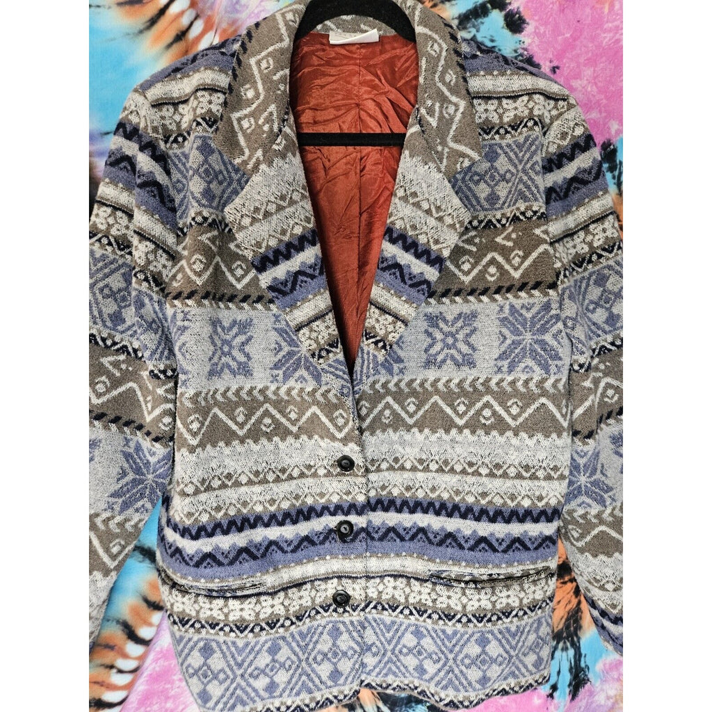 Vtg Van Heusen For Her 90s FAIR ISLE JACKET BLAZER Oversized Ikat Pockets Large