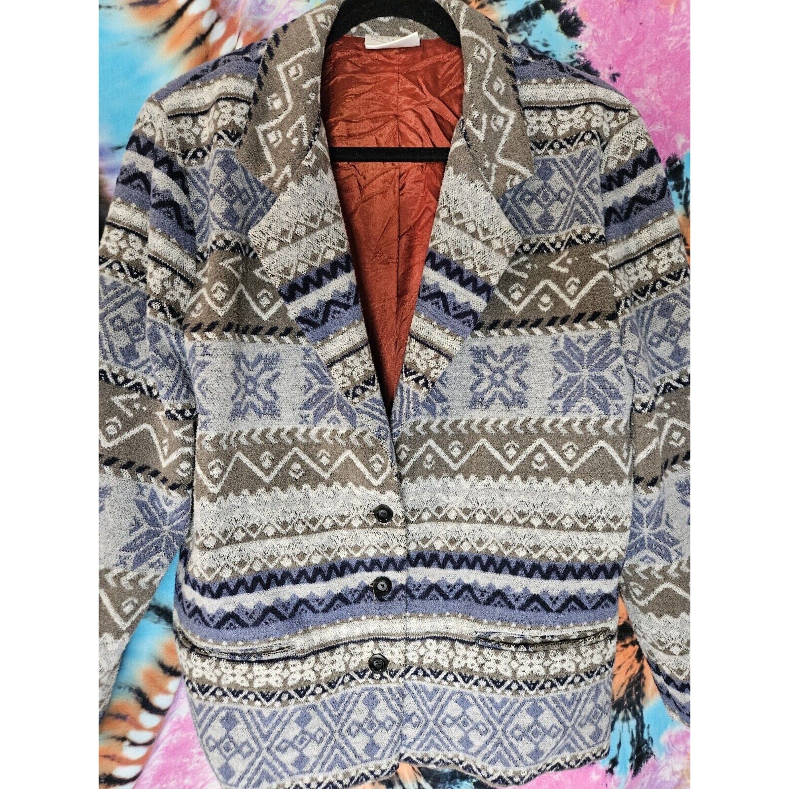 Vtg Van Heusen For Her 90s FAIR ISLE JACKET BLAZER Oversized Ikat Pockets Large