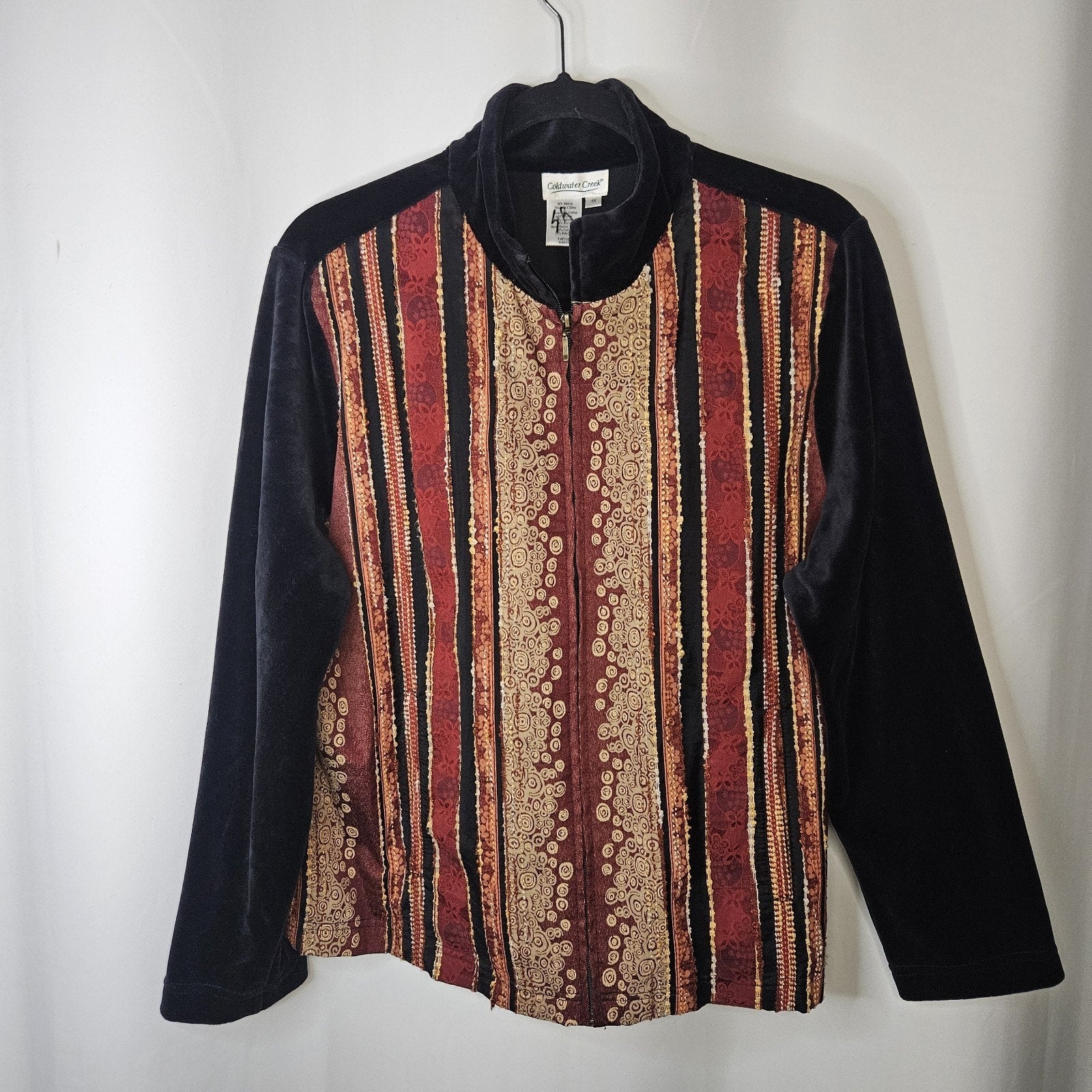 Coldwater Creek Retro Sz 1X Velvet Red Abstract Emboridered Zipper Front Jacket