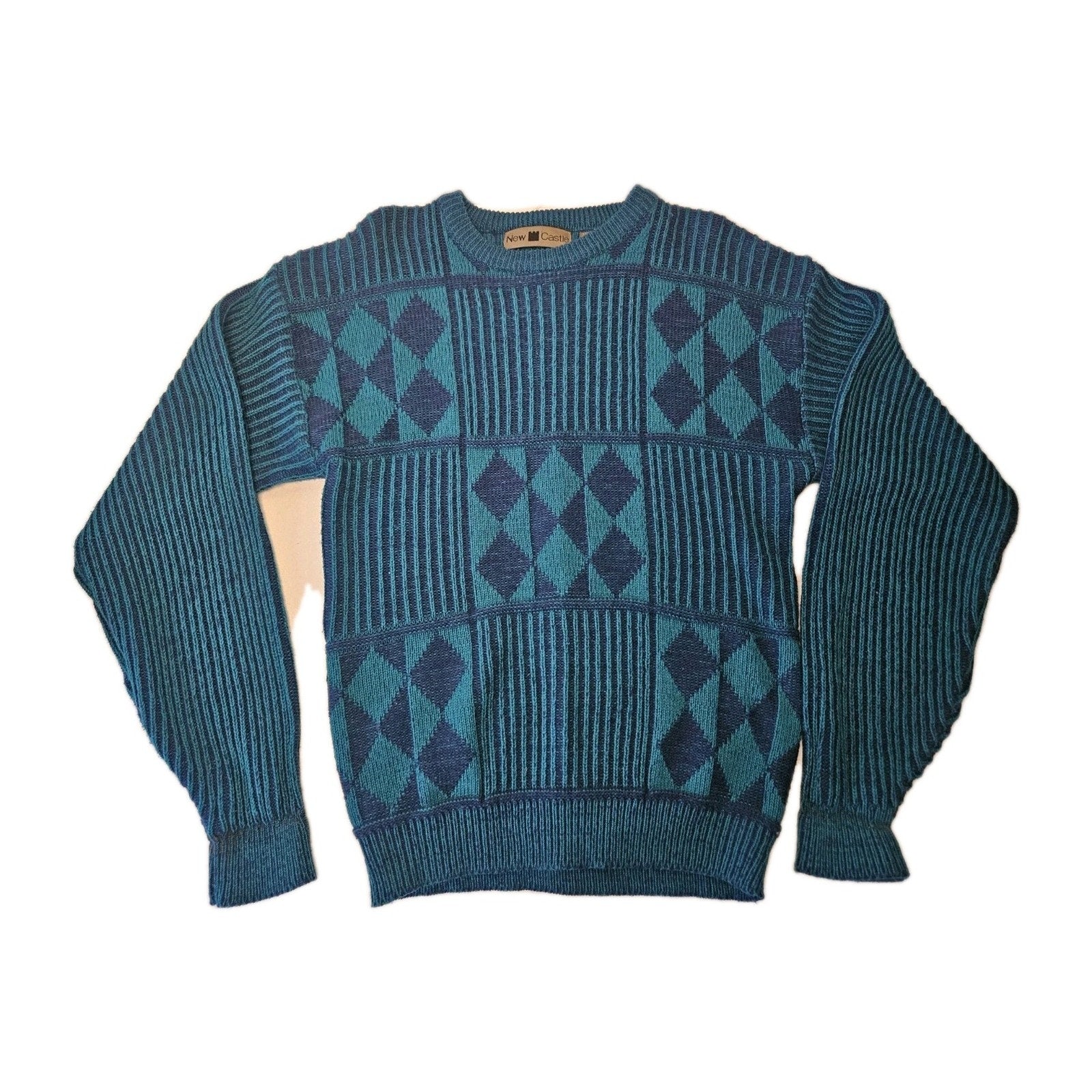 Vintage 80s New Castle Sweater Mens Large Tall Blue Striped Long Sleeve Pullover