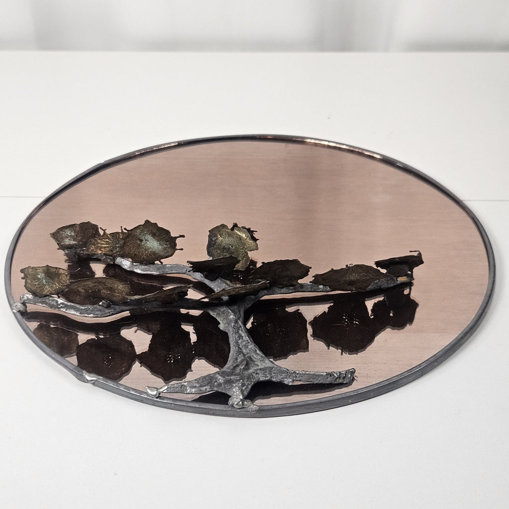 Art Deco Mid Century Modern Sculptural Copper Metal Botanical Wall Mirror