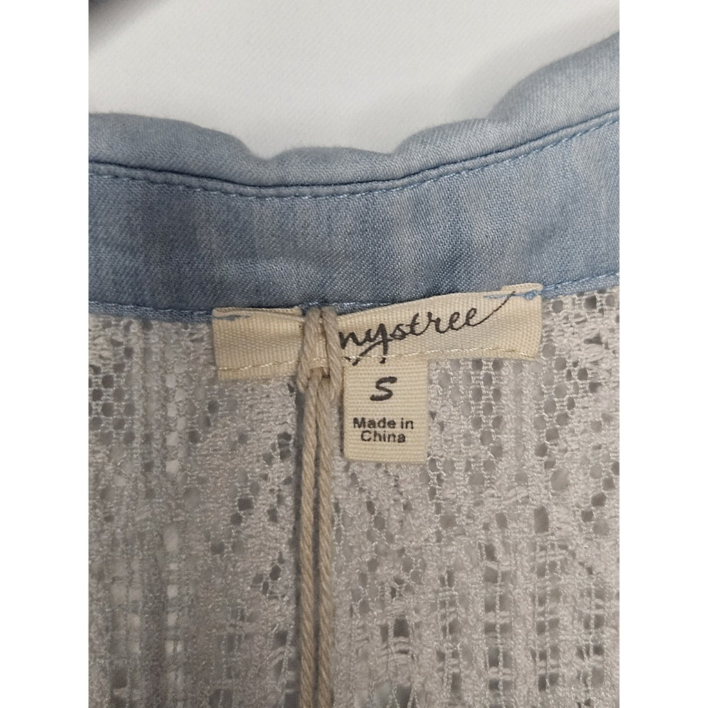 Mystree Chambray & Lace Button Up Shirt Size Small Boho Flowy Coastal NWT
