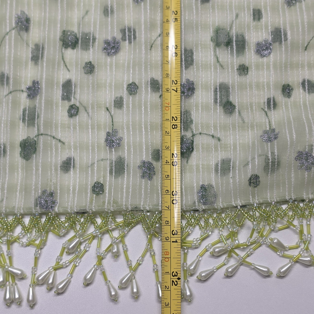 Vintage Chiffon Rectangle Scarf Beaded Fringe Light Green Metallic Flower 64x16"