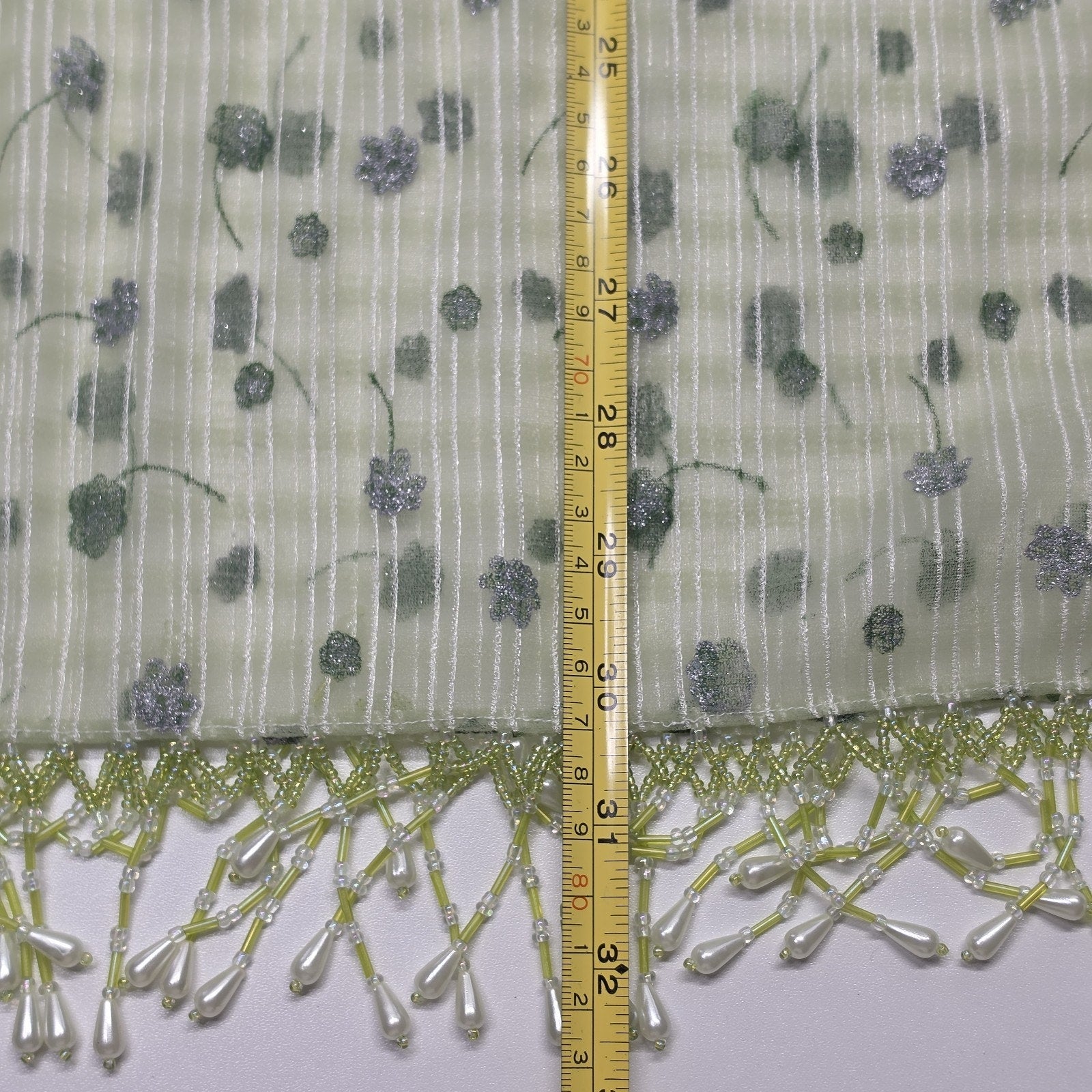 Vintage Chiffon Rectangle Scarf Beaded Fringe Light Green Metallic Flower 64x16"