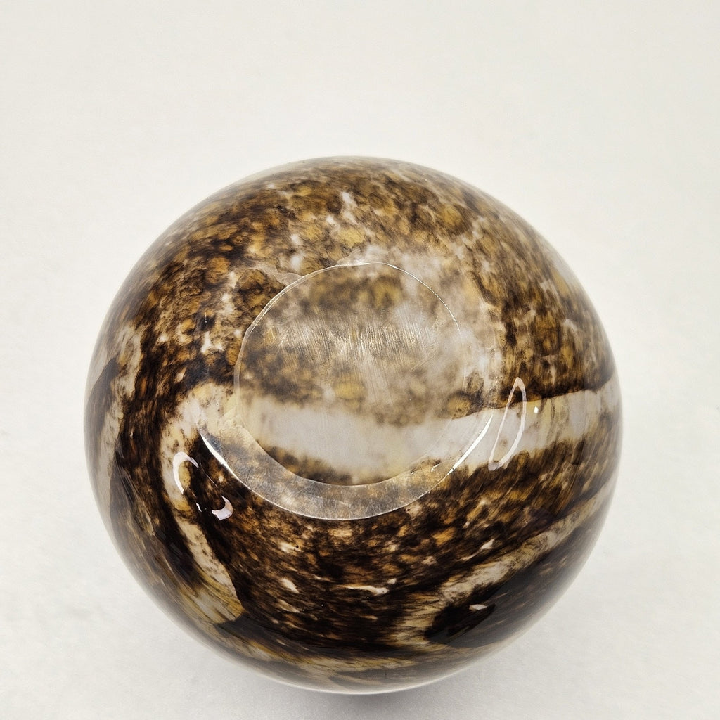 Vtg MURANO STYLE GLASS 6.5" VASE Speckled Gold & Brown White Stripes Earthy