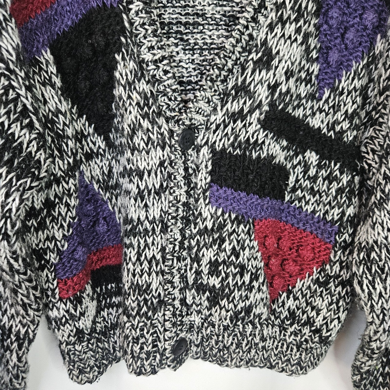 Vtg Handmade 80s Black & Gray Chunky Abstract Cardigan Sweater Women's Large