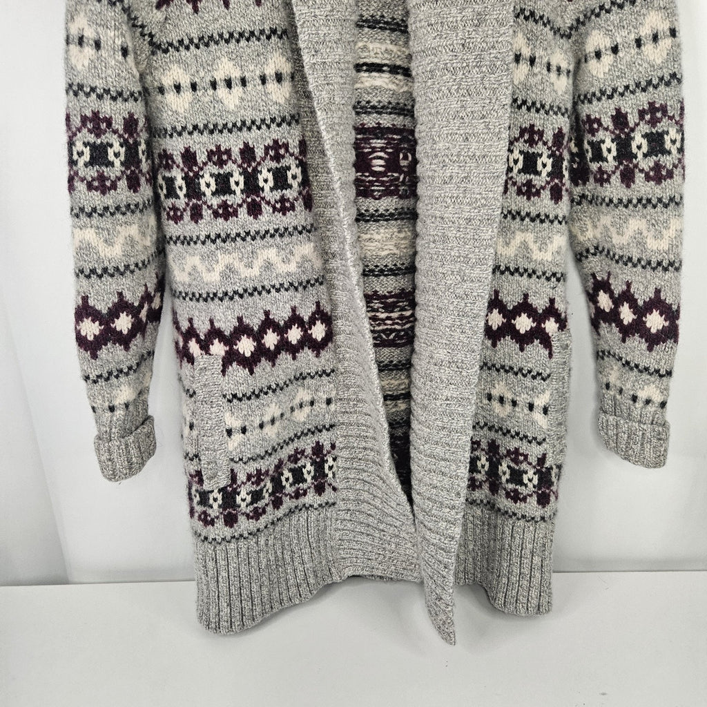 L.L. Bean Lambswool Cardigan Fair Isle Gray Long Women’s Medium Ski Heavy Winter