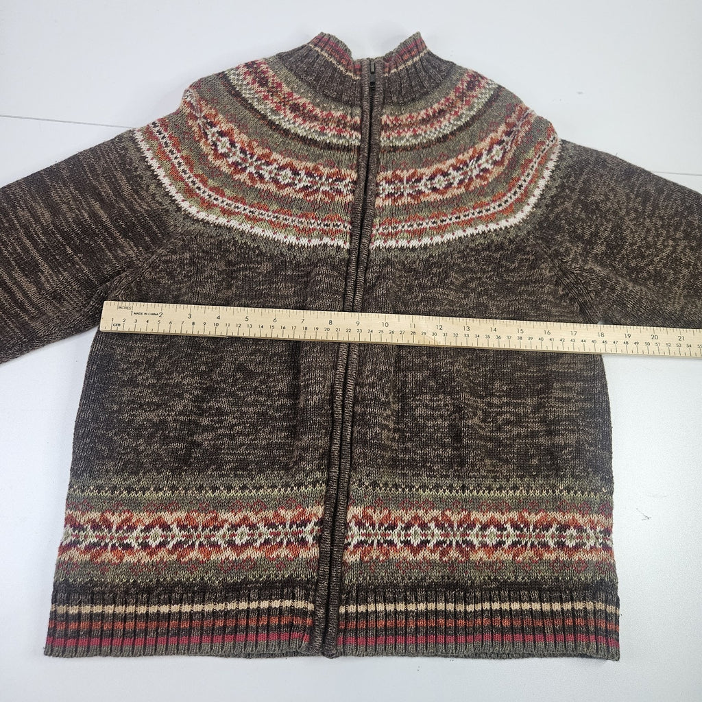 Vintage Y2K 2000s Fair Isle Ski Sweater Cardigan Womens XL Full Zip Green Brown