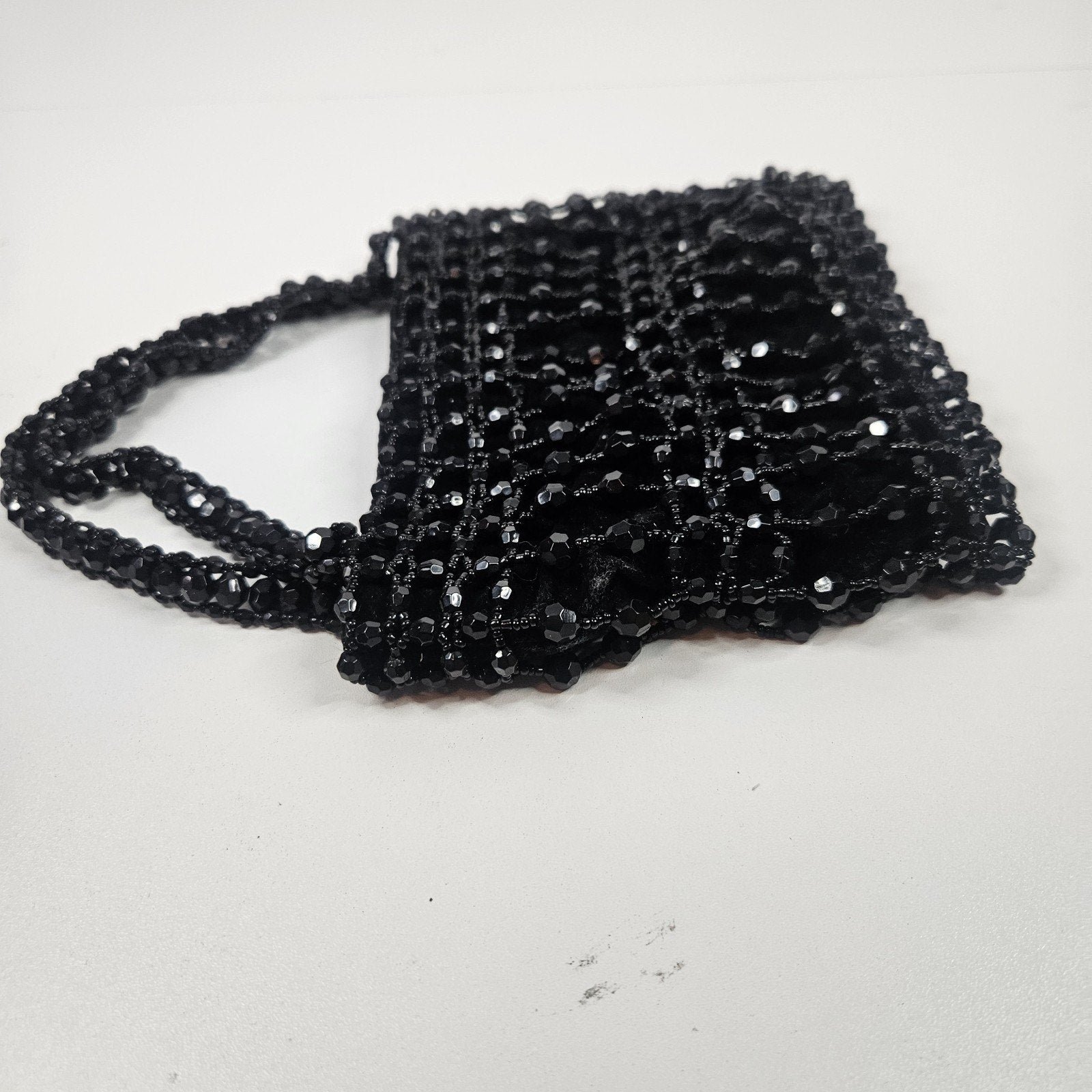 Vtg Black Beaded Drawstring Evening Bag Prom Formal 20s Flapper Accessory Purse