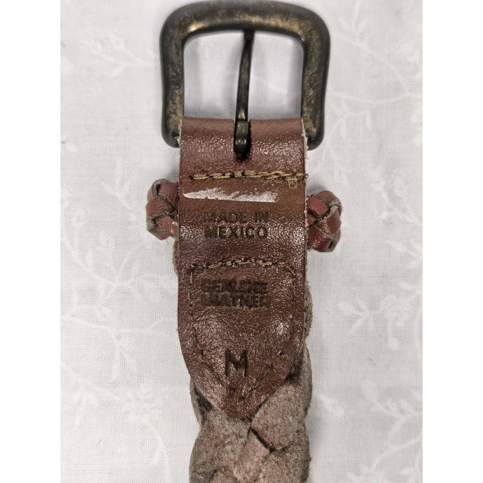 Unisex Genuine Leather Belt Basket Weave Brass Buckle Herringbone Size M Mexico