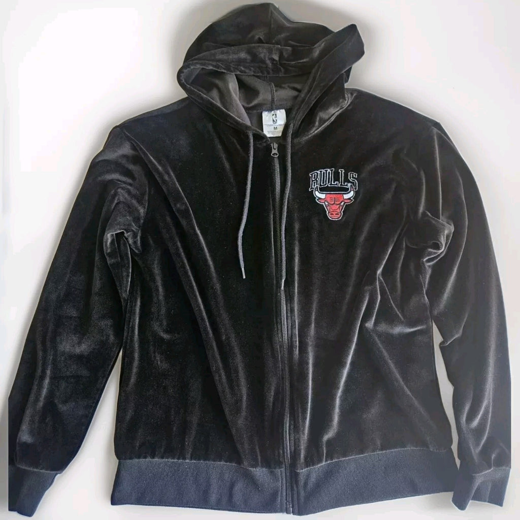 NBA Chicago Bulls Logo Full Zip Black Velour Track Jacket Womens Medium Red NWOT