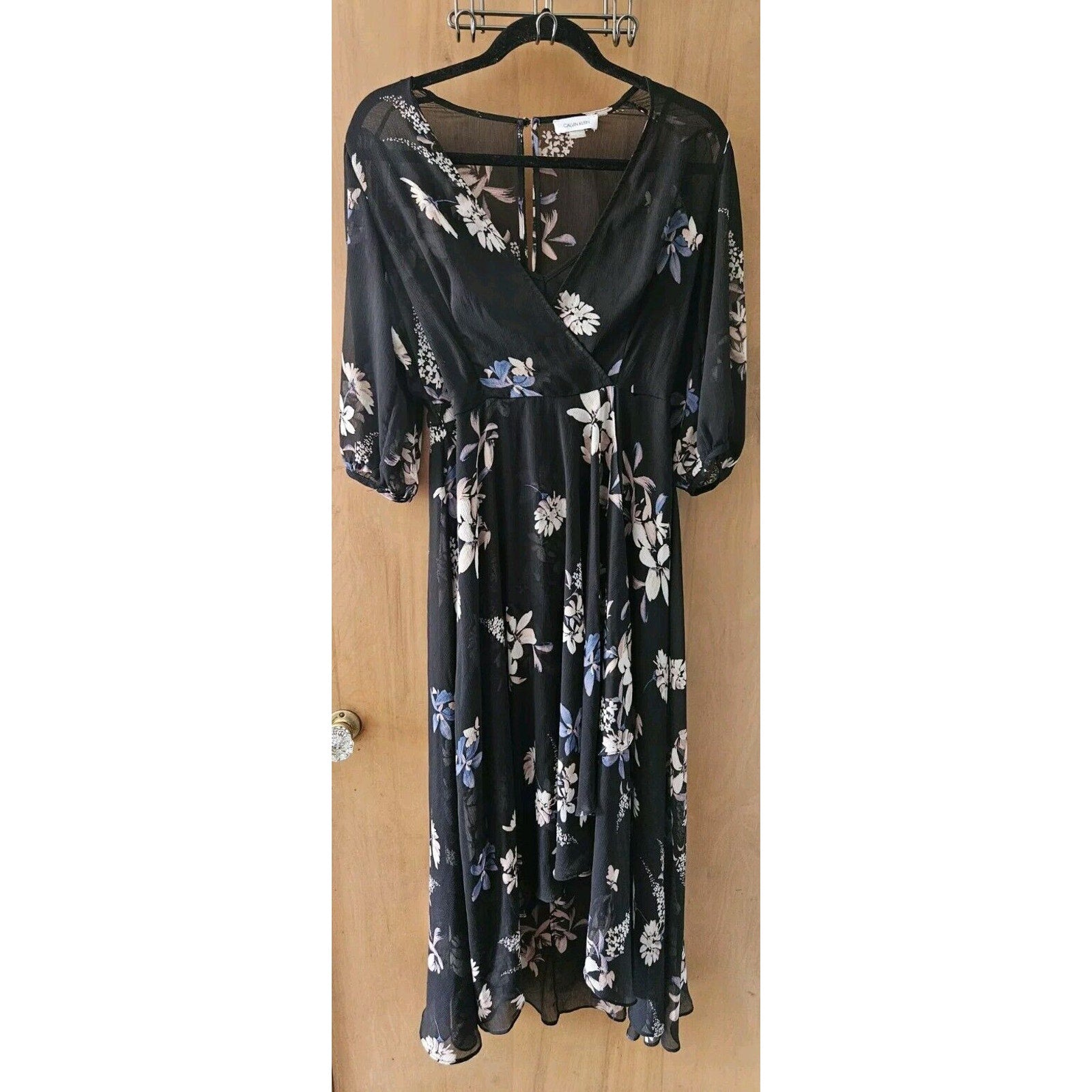 Calvin Klein Black Floral Chiffon Overlay Hi Low Flowy Sz 4 Mid Length Dress