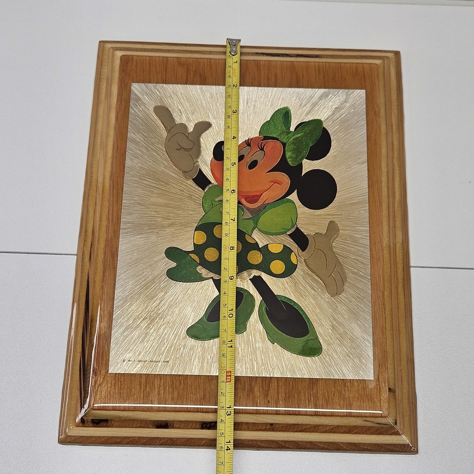 VTG 1980’s Minnie Mouse Wood Foil Art Epoxy Wood Frame Prism Plaque Collectible