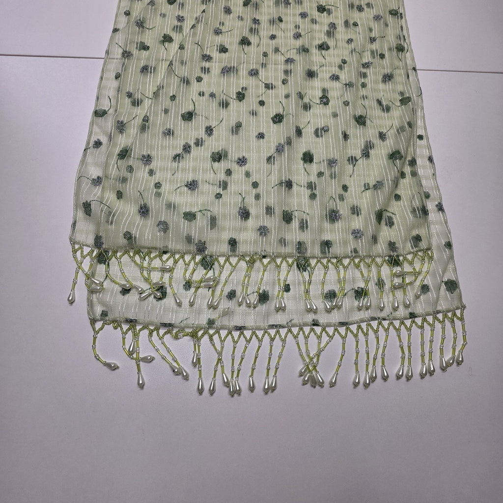 Vintage Chiffon Rectangle Scarf Beaded Fringe Light Green Metallic Flower 64x16"