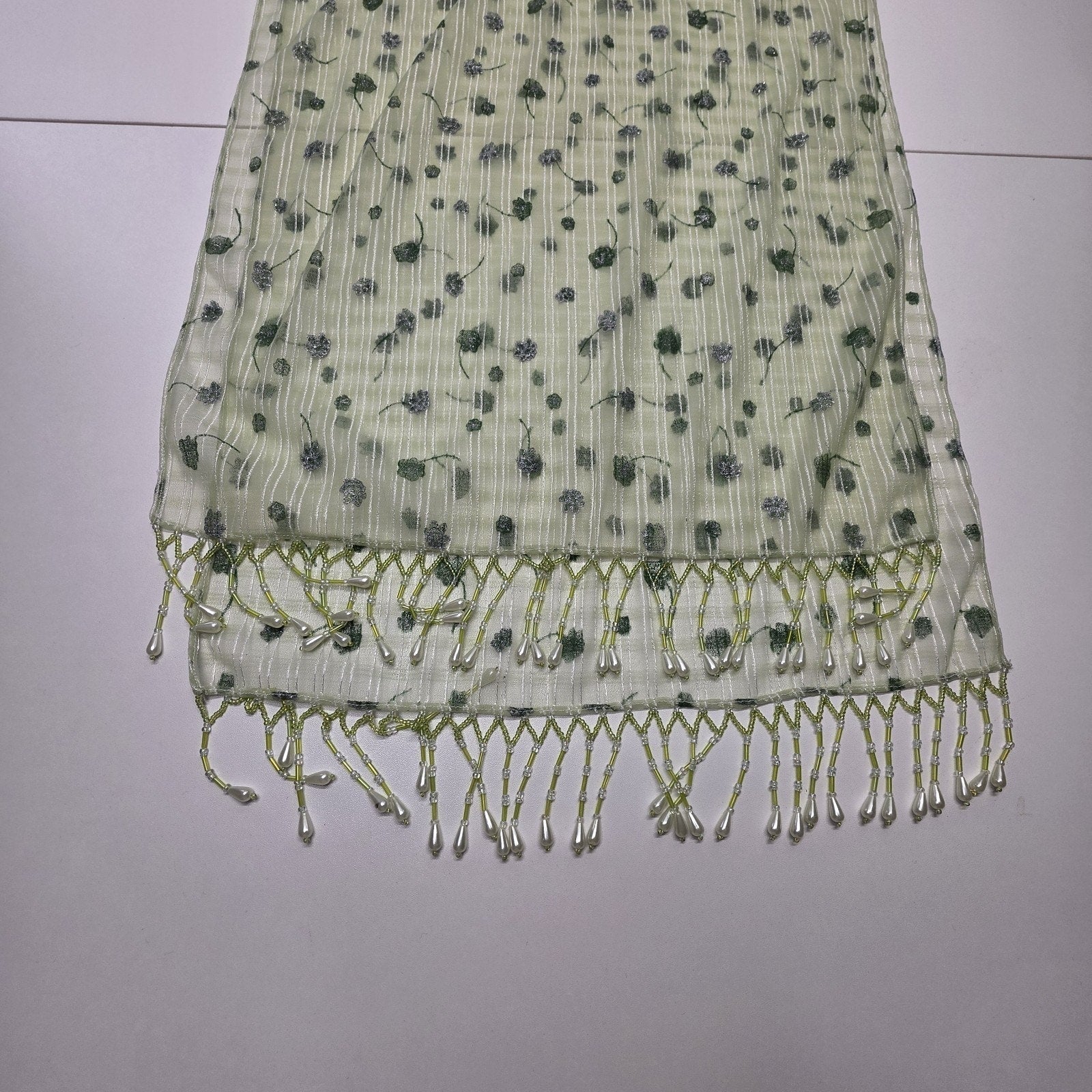 Vintage Chiffon Rectangle Scarf Beaded Fringe Light Green Metallic Flower 64x16"