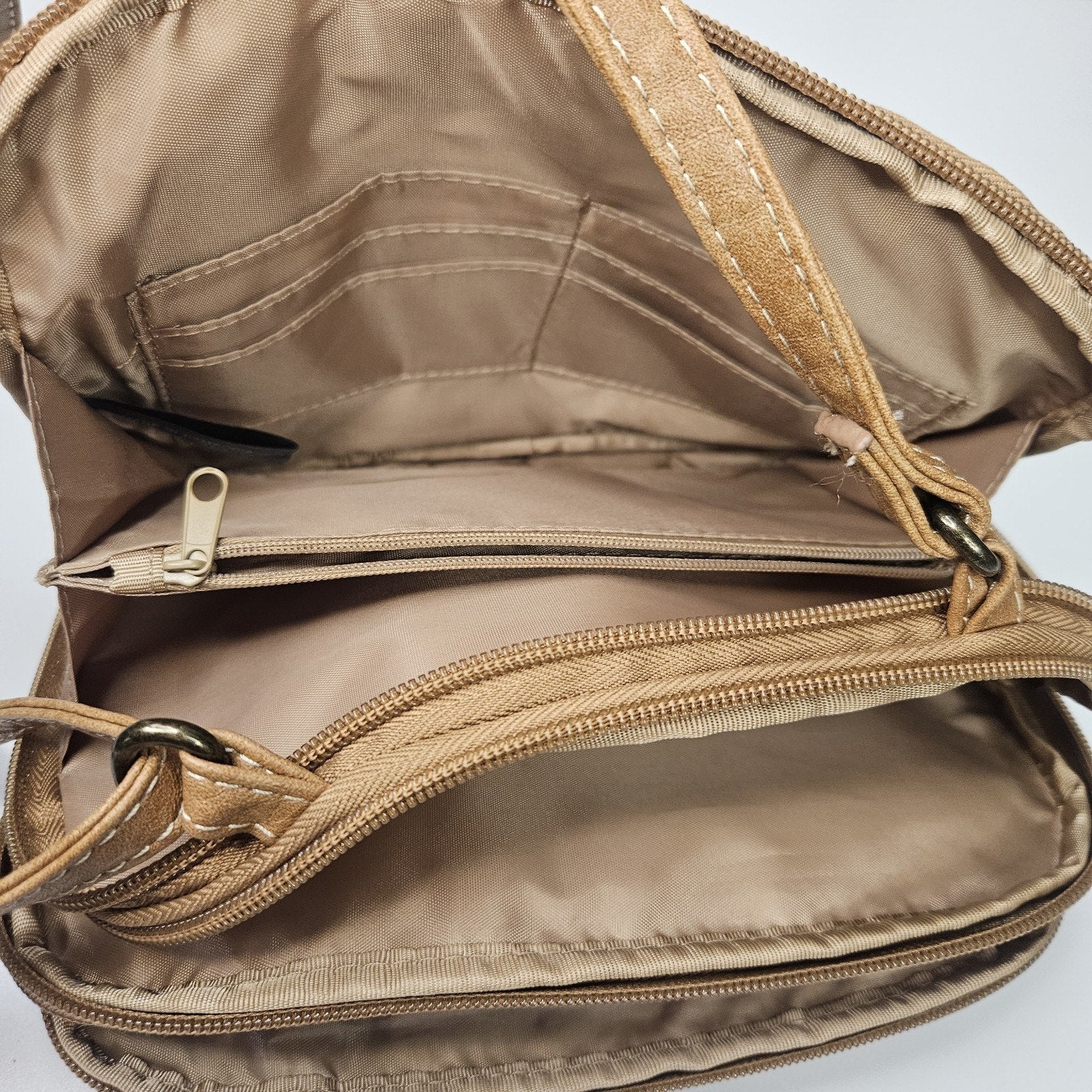 MultiSac Tan Zippered Triple Compartment Crossbody Bag Travel Everyday Purse