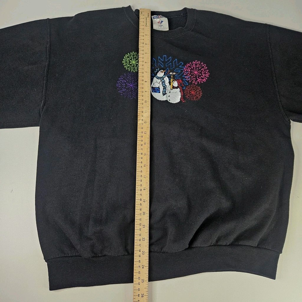 Vintage Christmas Holiday Sweatshirt Adult Large Snowman Winter Black Crewneck