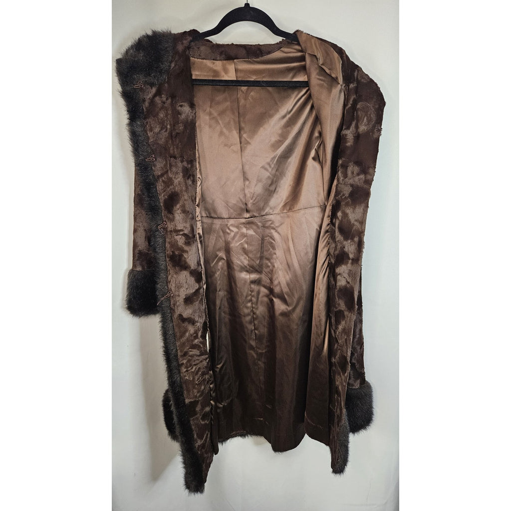 Vintage Union Made Faux Fur Coat Chocolate Brown Mod Full Length Size Small Glam