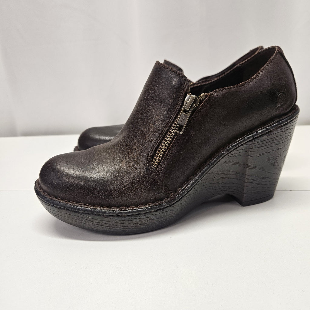 Vtg Y2K Born Wedge Clogs Brown Leather Zipper Womens 7.5 Grunge Comfort Shoe