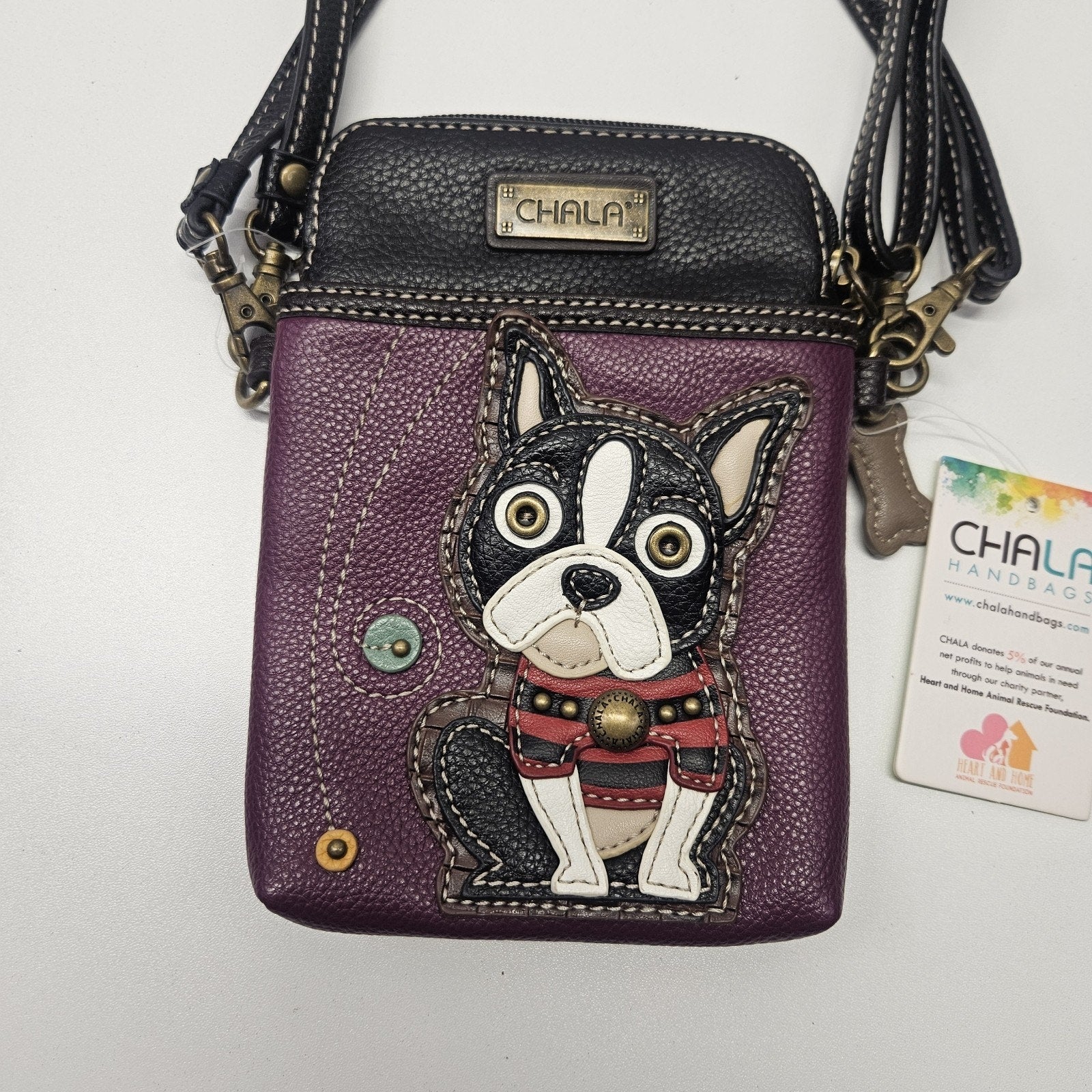 Nwt CHALA Frenchie Cell Phone Crossbody Bag w 2 Adj. Straps Purple Black