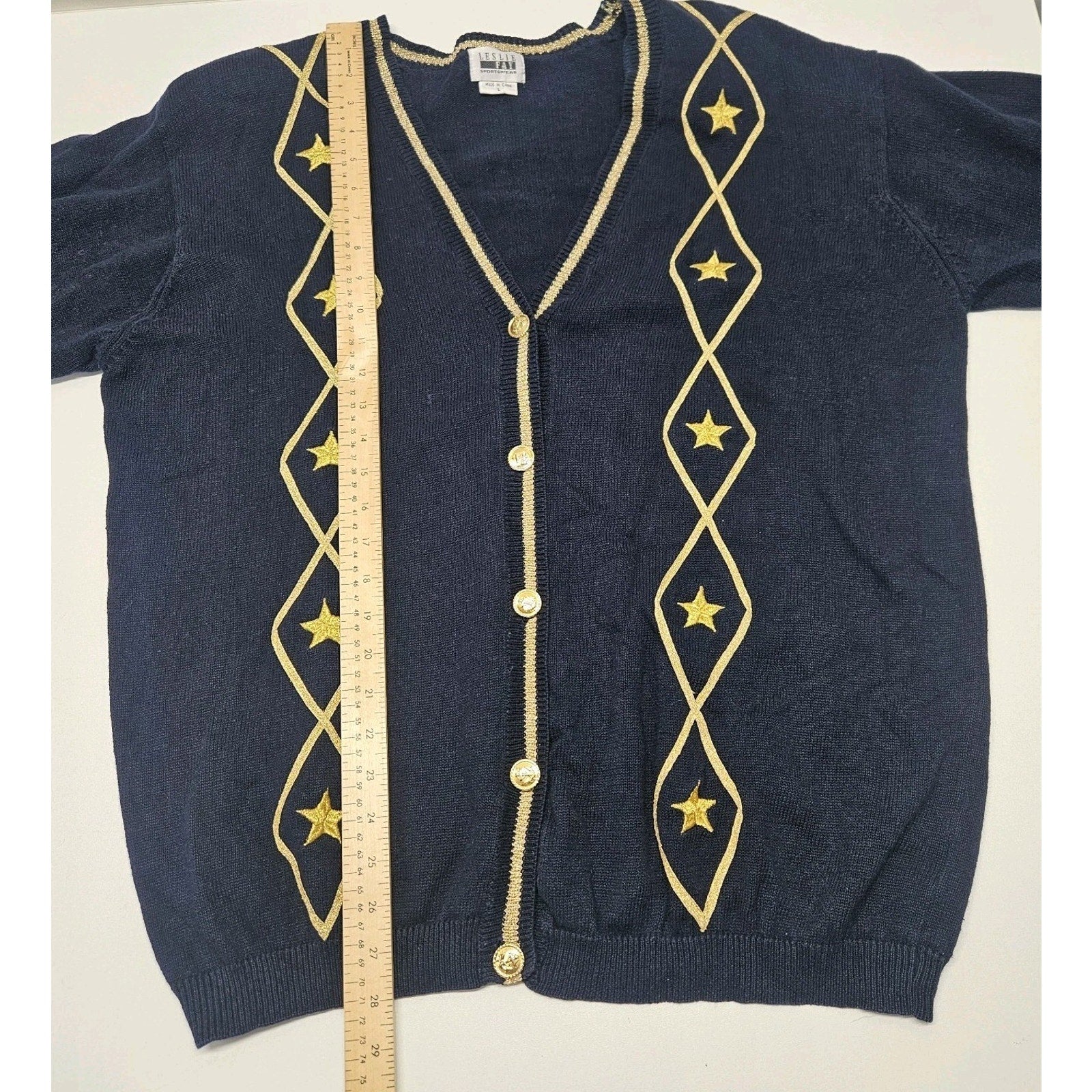 Vintage Nautical Navy Gold Star Embroidered Knit Sweater Cardigan Large Granny