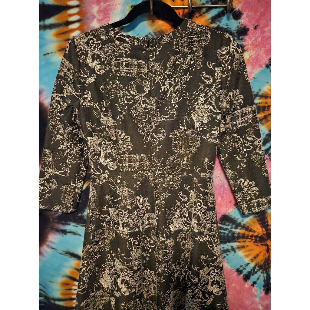 Nine West Women's Black White Fit & Flare Dress Stretch Textured 3/4 Sleeve Sz 4