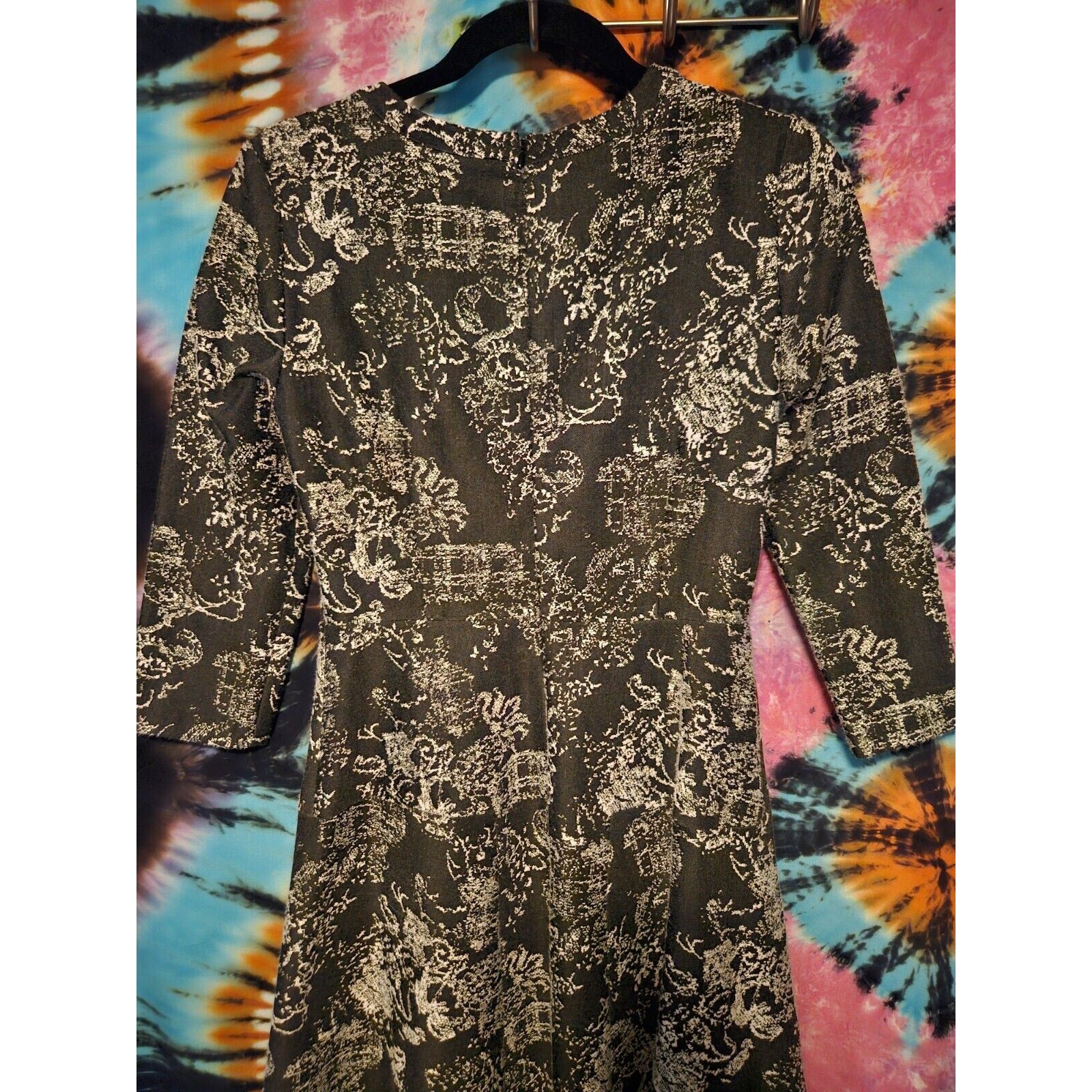Nine West Women's Black White Fit & Flare Dress Stretch Textured 3/4 Sleeve Sz 4